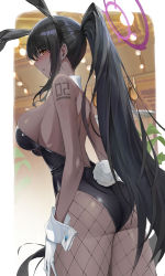 Rule 34 | 1girl, absurdres, animal ears, arm at side, ass, bad id, bad pixiv id, bare arms, bare back, black hair, black leotard, blue archive, blush, breasts, cowboy shot, dark-skinned female, dark skin, detached collar, drink, earrings, fake animal ears, fake tail, fishnet pantyhose, fishnets, from side, genera-x, gloves, halo, highleg, highleg leotard, highres, holding, holding tray, jewelry, karin (blue archive), karin (bunny) (blue archive), large breasts, leotard, long hair, looking at viewer, pantyhose, parted lips, playboy bunny, ponytail, rabbit ears, rabbit tail, sideboob, sidelocks, skindentation, solo, strapless, strapless leotard, tail, tray, very long hair, white gloves, wrist cuffs, yellow eyes