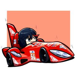 Rule 34 | 1girl, absurdres, black hair, blue eyes, border, car, chibi, commentary, deltawing, duz, english commentary, fang, highres, japanese flag, kill la kill, matoi ryuuko, michelin, michelin man, motor vehicle, multicolored hair, open mouth, outside border, race vehicle, racecar, red background, red hair, short hair, skin fang, solo, streaked hair, v-shaped eyebrows, vehicle focus, white border, world endurance championship