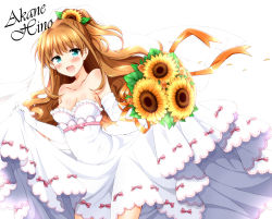 Rule 34 | 10s, 1girl, aqua eyes, bare shoulders, blush, bouquet, breasts, brown hair, character name, cleavage, dress, flower, hair flower, hair ornament, hino akane (idolmaster), idolmaster, idolmaster cinderella girls, long hair, medium breasts, open mouth, petals, ponytail, simple background, solo, sunflower, sunflower hair ornament, tsukudani norio, wedding dress, white background
