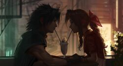 Rule 34 | 1boy, 1girl, absurdres, aerith gainsborough, armor, black hair, bracelet, braid, braided ponytail, brown hair, cherry, choker, couple, crisis core final fantasy vii, cup, dress, drinking straw, drinking straw in mouth, eye contact, final fantasy, final fantasy vii, final fantasy vii remake, food, from side, fruit, gloves, hair ribbon, highres, jacket, jewelry, long hair, looking at another, milkshake, parted bangs, pink dress, pink ribbon, red jacket, ribbon, safaia, shoulder armor, sidelocks, spiked hair, sweater, turtleneck, turtleneck sweater, upper body, zack fair