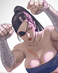 Rule 34 | 1girl, artist name, bandages, bare shoulders, black hair, breasts, capcom, cleavage, closed mouth, collarbone, english text, eyepatch, fighting stance, frown, genderswap, genderswap (mtf), large breasts, long hair, looking at viewer, muay thai, ponytail, red lips, sagat, scar, scar on chest, scar on face, scar on forehead, simple background, solo, street fighter, wandzardeen