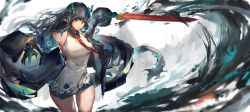 Rule 34 | 1girl, arknights, black hair, dusk (arknights), holding, holding sword, holding weapon, horns, jacket, long hair, looking at viewer, mkt (pixiv15187870), pointy ears, red eyes, solo, sword, very long hair, weapon