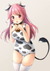 Rule 34 | 1girl, :o, animal ears, animal print, bare arms, bare shoulders, bell, bikini, black collar, blush, breasts, collar, collarbone, commentary request, cow ears, cow girl, cow horns, cow print, cow tail, gluteal fold, grey background, hands up, highres, horns, long hair, looking at viewer, medium breasts, neck bell, old school swimsuit, open mouth, original, pink hair, red eyes, school swimsuit, shibacha, simple background, solo, swimsuit, tail, thigh gap, thighhighs, translation request, very long hair, white bikini, white thighhighs