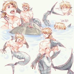 Rule 34 | 1boy, abs, addy (@vegeebs), blush, boku no hero academia, collage, completely nude, earrings, fangs, fins, fish boy, highres, jewelry, male focus, medium hair, messy hair, monster boy, monsterification, multiple views, muscular, muscular male, nipples, nude, one eye closed, pectorals, pointy ears, protected link, rock, scar, scar on arm, scar on chest, scar on stomach, shark boy, shark fin, sharp teeth, smile, stomach, swimming, teeth, togata mirio, tongue, tongue out, underwater, wet