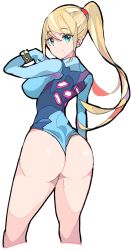 Rule 34 | 1girl, adapted costume, aqua eyes, arm at side, arm up, ass, blonde hair, blue leotard, bracelet, breasts, closed mouth, commentary request, cropped legs, enpe, from behind, hair tie, high ponytail, highleg, highleg leotard, highres, jewelry, large breasts, leotard, long hair, looking at viewer, looking back, metroid, metroid: zero mission, mole, mole under mouth, nintendo, samus aran, simple background, smile, solo, thighs, thong leotard, wedgie, white background, zero suit