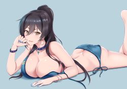 Rule 34 | 1girl, ass, bare shoulders, bikini, black hair, blue bikini, blue nails, blush, bracelet, breasts, butt crack, cleavage, collar, collarbone, earrings, feet up, hair between eyes, highres, hoop earrings, idolmaster, idolmaster shiny colors, jewelry, large breasts, long hair, looking at viewer, lying, moo yoshio, nail polish, necklace, on stomach, open mouth, pendant, ponytail, ring, shirase sakuya, side-tie bikini bottom, simple background, smile, solo, swimsuit, thighs, untied bikini, wrist straps, yellow eyes