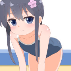 Rule 34 | 1girl, absurdres, bad id, bad pixiv id, black hair, blue eyes, blue one-piece swimsuit, blurry, blush, breasts, collarbone, commentary, competition school swimsuit, depth of field, flower, hair between eyes, hair flower, hair ornament, highres, leaning forward, long hair, looking at viewer, one-piece swimsuit, parted bangs, poa mellhen, school swimsuit, shirosaki hana, small breasts, smile, solo, swimsuit, watashi ni tenshi ga maiorita!