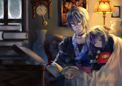 Rule 34 | 1boy, 1girl, blanket, book, chair, choker, clock, collarbone, closed eyes, feathered wings, flower, glasses, holding, holding book, horns, indoors, japanese clothes, lamp, long sleeves, morichika rinnosuke, multicolored hair, open book, painting (action), purple hair, short hair, silver hair, sleeping, sleeping on person, sleeping upright, snowing, tokiko (touhou), touhou, tsubasa19900920, vase, window, wings, yellow eyes
