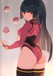 Rule 34 | 1girl, adapted costume, arched back, ass, black hair, blunt bangs, blush, breasts, brown leotard, brown thighhighs, closed mouth, commentary request, covered erect nipples, cowboy shot, creatures (company), from behind, frown, game freak, gym leader, heattech leotard, highres, juggling, leotard, long hair, long sleeves, looking at viewer, looking back, multicolored leotard, nintendo, orange eyes, pink leotard, poke ball, poke ball (basic), pokemon, pokemon frlg, sabrina (pokemon), shoulder blades, skindentation, solo, spring2013, standing, sweatdrop, thighhighs, turtleneck, wedgie