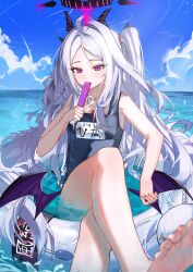 Rule 34 | 1girl, absurdres, bare shoulders, barefoot, black halo, black horns, blue archive, blue one-piece swimsuit, blue sky, blush, breasts, cloud, commentary request, crossed legs, eating, food, food in mouth, grey hair, halo, highres, hina (blue archive), hina (swimsuit) (blue archive), holding, holding food, horns, ice cream, kamu (stead06y), legs, long hair, looking at viewer, low wings, name tag, ocean, official alternate costume, on innertube, one-piece swimsuit, outdoors, parted bangs, purple eyes, purple wings, sitting, sky, small breasts, soles, solo, swim ring, swimsuit, very long hair, wings