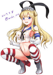 Rule 34 | 1girl, alternate costume, black panties, blonde hair, blue eyes, blue skirt, breasts, commentary request, cosplay, crop top, crop top overhang, double bun, elbow gloves, fletcher (kancolle), full body, gloves, hair bun, high heels, highleg, highleg panties, kantai collection, large breasts, long hair, moke ro, panties, pleated skirt, rudder footwear, sailor collar, shimakaze (kancolle), shimakaze (kancolle) (cosplay), skirt, solo, squatting, striped clothes, striped thighhighs, thighhighs, thong, underwear, white gloves