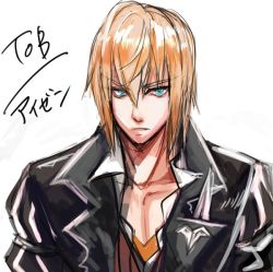 Rule 34 | 1boy, bad id, bad twitter id, blonde hair, blue eyes, character name, eizen (tales), haruhito1211, looking at viewer, male focus, short hair, simple background, solo, tales of (series), tales of berseria, upper body, white background
