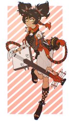 Rule 34 | 1girl, absurdres, boots, brown hair, dark-skinned female, dark skin, diagonal stripes, full body, genshin impact, guitar, highres, instrument, looking at viewer, moonywitcher, multicolored hair, red hair, redesign, short hair, simple background, smile, solo, spikes, striped, xinyan (genshin impact), yellow eyes