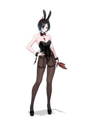 Rule 34 | 1girl, absurdres, alternate costume, animal ears, azur lane, bare shoulders, between breasts, black collar, black footwear, black hair, black leotard, bottle, breasts, broken bottle, broken glass, brown pantyhose, claw ring, cleavage, collar, commentary request, contrapposto, detached collar, fake animal ears, fake tail, full body, glass, gluteal fold, hair between eyes, hand on own hip, high heels, highleg, highleg leotard, highres, holding, holding bottle, horns, leotard, mechanical horns, medium breasts, multicolored hair, nail polish, o-ring, ohisashiburi, pantyhose, playboy bunny, rabbit ears, rabbit tail, red horns, red nails, shadow, short hair, simple background, solo, strap between breasts, strapless, strapless leotard, streaked hair, tail, thigh strap, two-tone hair, ulrich von hutten (azur lane), white background, white hair, wrist cuffs, yellow eyes