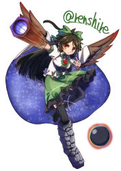 Rule 34 | 1girl, absurdres, arm cannon, asymmetrical footwear, ball, black hair, black thighhighs, black wings, bow, feathered wings, frilled skirt, frills, full body, green bow, green skirt, hair bow, highres, long hair, looking at viewer, one-hour drawing challenge, orange eyes, puffy short sleeves, puffy sleeves, reiuji utsuho, renshirenji, shirt, short sleeves, simple background, skirt, solo, thighhighs, touhou, twitter username, weapon, white background, white shirt, wings