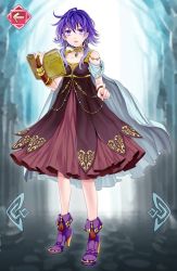 Rule 34 | 1girl, arrow (symbol), bad id, bad twitter id, bare shoulders, blue cape, book, boots, bridal gauntlets, cape, choker, dress, fake screenshot, fire emblem, fire emblem: the sacred stones, fire emblem heroes, full body, high heel boots, high heels, jewelry, low twintails, lute (fire emblem), nintendo, open book, pointing, pointing at viewer, purple dress, purple eyes, purple footwear, purple hair, shoes, short hair, solo, tsuuko (25mnts), twintails