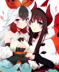 Rule 34 | 2girls, bare shoulders, black hair, blue eyes, blush, bow, breasts, brown hair, choker, cleavage, cleavage cutout, clothing cutout, creatures (company), dual persona, elbow gloves, facial mark, fingerless gloves, game freak, gen 5 pokemon, gloves, hair bow, holding hands, hood, horns, long hair, looking at viewer, merlusa, multicolored hair, multiple girls, nintendo, parted lips, personification, pokemon, ribbon, silver hair, simple background, smile, two-tone hair, volcarona, white background, zinpati