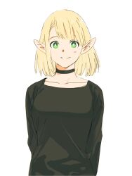 Rule 34 | 1girl, alternate hair length, alternate hairstyle, arms behind back, black shirt, blonde hair, bob cut, breasts, closed mouth, dungeon meshi, frs2, green eyes, highres, long sleeves, looking at viewer, marcille donato, medium breasts, shirt, short hair, simple background, solo, upper body, white background