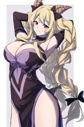Rule 34 | 1girl, armpits, arms behind head, black dress, black ribbon, blonde hair, braid, breasts, brown eyes, cleavage, covered navel, dress, fairy tail, hair ribbon, highres, horns, large breasts, long hair, looking at viewer, lucy heartfilia, reytsu72, ribbon, simple background, smile, thighs, twin braids, twintails, white background
