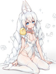 Rule 34 | 1girl, :o, absurdres, animal ear fluff, animal ears, arm behind back, artist name, azur lane, between breasts, bird, blue eyes, braid, breasts, chick, choker, flower, frills, hair between eyes, hair ornament, highres, le malin (azur lane), le malin (listless lapin) (azur lane), leotard, long hair, looking at viewer, no shoes, o-ring, o-ring choker, official alternate costume, open mouth, rabbit, rabbit ears, rose, simple background, sitting, small breasts, solo, sparkle, symbol-shaped pupils, thighhighs, thighs, twin braids, twintails, uchuunin, very long hair, wariza, white background, white choker, white flower, white hair, white leotard, white rose, white thighhighs