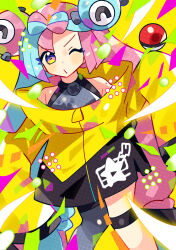 Rule 34 | 1girl, ;i, anidler91, bare shoulders, blue hair, bow-shaped hair, character hair ornament, closed mouth, creatures (company), eyelashes, game freak, grey pantyhose, hair ornament, highres, holding, holding poke ball, iono (pokemon), jacket, long hair, looking at viewer, nintendo, one eye closed, pantyhose, pink eyes, pink hair, poke ball, poke ball (basic), pokemon, pokemon sv, single leg pantyhose, sleeves past fingers, sleeves past wrists, solo, thigh strap, twintails, very long hair, yellow background, yellow jacket