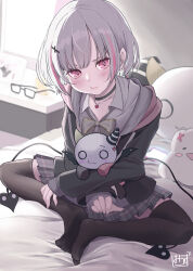 Rule 34 | 1girl, absurdres, asumi sena, black choker, black thighhighs, blush, cattleya regina games, choker, collared shirt, demon tail, full body, grey hair, hair ornament, heart pendant, highres, jacket, jewelry, knees apart feet together, long sleeves, looking at viewer, multicolored hair, multiple tails, mussan, necklace, on bed, pink eyes, pink hair, pleated skirt, pout, school uniform, shirt, short hair, sitting, skirt, slit pupils, solo, streaked hair, tail, thighhighs, twintails, two tails, unworn eyewear, virtual youtuber, vspo!