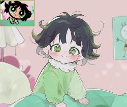 Rule 34 | 1girl, black hair, blush, buttercup (ppg), buttercup redraw challenge (meme), derivative work, dong a, green eyes, green pajamas, indoors, lamp, long sleeves, looking at viewer, meme, messy hair, pajamas, pillow, powerpuff girls, reference inset, screenshot inset, screenshot redraw, smile, solo, under covers, upper body