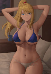 Rule 34 | 1girl, alternate costume, armpits, arms behind head, arms up, bed, bikini, blonde hair, blue bikini, blue eyes, blush, breasts, cleavage, collarbone, commentary request, crop top, cropped shirt, highleg, highleg bikini, highres, large breasts, long hair, looking at viewer, metroid, mismatched bikini, navel, nintendo, on bed, pillow, ponytail, samus aran, side-tie bikini bottom, sidelocks, sitting, smile, solo, stomach, swept bangs, swimsuit, thighs, twitter username, zaphn