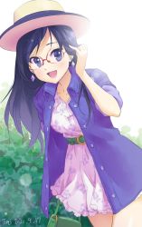 Rule 34 | 1girl, 2020, :d, adjusting hair, blue eyes, blue hair, blue shirt, collarbone, collared shirt, cowboy shot, dated, dokidoki! precure, dress, dress shirt, earrings, frilled dress, frills, glasses, highres, hishikawa rikka, jewelry, long hair, looking at viewer, open clothes, open mouth, open shirt, precure, print dress, red-framed eyewear, shirt, short dress, simple background, sleeves rolled up, smile, solo, standing, sundress, tuqi pix, white background, white dress, wing collar