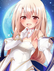 Rule 34 | 1girl, archetype earth, archetype earth (cosplay), arcueid brunestud, bare shoulders, blonde hair, blue skirt, blush, breasts, bug, butterfly, cosplay, detached collar, detached sleeves, dress, fate/kaleid liner prisma illya, fate (series), full moon, gloves, hair between eyes, highres, illyasviel von einzbern, insect, layered skirt, long hair, looking at viewer, mochi (k620803n), moon, night, night sky, open mouth, red eyes, sidelocks, skirt, sky, small breasts, smile, solo, tsukihime, white dress, white gloves