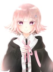 Rule 34 | + +, 1girl, absurdres, backpack, bag, black jacket, black shirt, blouse, closed mouth, collared shirt, commentary request, danganronpa (series), danganronpa 2: goodbye despair, dress shirt, flipped hair, hair ornament, hairclip, hand up, highres, hood, hooded jacket, identity v, jacket, long sleeves, looking at viewer, medium hair, nanami chiaki, open clothes, open jacket, pink eyes, pink hair, pink neckwear, pink ribbon, ribbon, shina 4778, shirt, short hair, sleeves past wrists, smile, solo, upper body, white background, white shirt