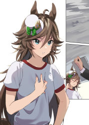 Rule 34 | 1girl, 1other, ahoge, animal ears, brown hair, closed eyes, green eyes, hair ornament, hairclip, hand on own chest, hat, horse ears, long hair, mini hat, mini top hat, misu kasumi, mr. c.b. (umamusume), notebook, out of frame, parted lips, shirt, short sleeves, top hat, trainer (umamusume), umamusume, upper body, white shirt