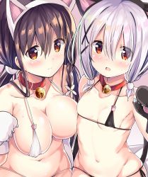 Rule 34 | 2girls, animal ears, animal hands, armpits, bare arms, bell, bikini, black bikini, black hairband, blush, braid, breasts, brown hair, cat ears, cat girl, cat tail, cleavage, closed mouth, collar, collarbone, commentary request, covered erect nipples, fake animal ears, flower, gloves, hair between eyes, hair flower, hair ornament, hairband, hairclip, jingle bell, kurou (quadruple zero), large breasts, long hair, low twintails, micro bikini, multiple girls, navel, neck bell, original, parted lips, paw gloves, red collar, red eyes, side braid, silver hair, single braid, small breasts, sweat, swimsuit, tail, tail raised, twintails, wavy mouth, white bikini, white flower, white hairband, x hair ornament