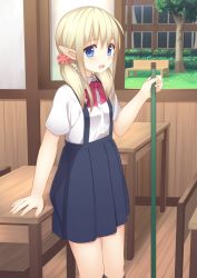 Rule 34 | 1girl, :d, arm support, bad id, bad pixiv id, bench, black socks, blonde hair, blue eyes, blue skirt, blush, bow, bowtie, broom, classroom, collared shirt, commentary request, day, desk, elf, falling leaves, fingernails, grass, hair between eyes, hair ornament, hair over shoulder, hair scrunchie, hedge, highres, holding, holding broom, indoors, kneehighs, leaf, looking at viewer, looking to the side, low twintails, open mouth, original, pink scrunchie, pleated skirt, pointy ears, red bow, red bowtie, school, school desk, school uniform, scrunchie, shirt, short sleeves, sidelocks, sitting, skirt, smile, socks, solo, suspender skirt, suspenders, tareme, tree, twintails, usagino suzu, white shirt, window, wooden floor, wooden wall