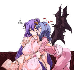 Rule 34 | 2girls, bat wings, blue hair, blush, book, bracelet, breasts, commentary request, covered navel, crescent, crescent hair ornament, double bun, dress, expressionless, frilled sleeves, frills, hair between eyes, hair bun, hair ornament, hand on another&#039;s shoulder, heart, highres, jewelry, kiss, kissing cheek, kyanduru, large breasts, light blue hair, long sleeves, multiple girls, patchouli knowledge, pink dress, purple eyes, purple hair, remilia scarlet, ring, star (symbol), touhou, white background, wide sleeves, wings, yuri