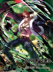 Rule 34 | 1boy, abs, belt, chest tattoo, clenched teeth, commentary request, copyright name, cropped jacket, dinosaur, eye mask, full body, glint, gloves, holding, holding sword, holding weapon, leather, leather pants, looking ahead, male focus, moreshan, official art, one piece, one piece card game, orange hair, pants, pebble, scar, scar on face, solo, sword, tattoo, teeth, weapon, wind, x drake