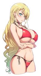 Rule 34 | 10s, 1girl, bikini, blonde hair, blue eyes, blush, breast hold, breasts, choker, claire harvey, covered erect nipples, crossed arms, earrings, groin, highres, huge breasts, hundred (light novel), jewelry, long hair, looking at viewer, navel, ookuma nekosuke, open mouth, red bikini, shiny skin, side-tie bikini bottom, simple background, solo, swimsuit, thighs, underwear, wide hips