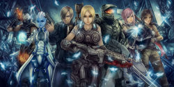 Rule 34 | 10s, 3boys, 4girls, alien, animification, anya stroud, armor, asari (mass effect), assault rifle, blonde hair, blood, blue eyes, bow (weapon), breasts, chainsaw, cleavage, crossover, elbow gloves, final fantasy, final fantasy xiii, final fantasy xiii-2, gears of war, gloves, glowing, group picture, group profile, gun, hair over one eye, halo (game), halo (series), handgun, injury, lancer (gears of war), lara croft, laser sight, leon s. kennedy, liara t&#039;soni, lightning farron, lineup, mass effect (series), mass effect 1, master chief, multiple boys, multiple crossover, multiple girls, muscular, ninja, ninja (final fantasy), ninja gaiden, pistol, profile, pteruges, resident evil, resident evil 4, resident evil 6, rifle, ryu hayabusa, tomb raider, weapon, wing shooter, wuduo