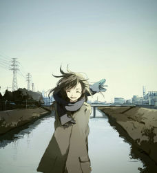 Rule 34 | 1girl, :d, bad id, bad pixiv id, bridge, brown hair, cityscape, coat, closed eyes, hanno, open mouth, original, power lines, river, scarf, scenery, smile, solo, wind
