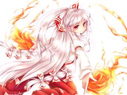 Rule 34 | &gt;:o, 1girl, :o, blush, bow, chikuwa savy, fire, from side, fujiwara no mokou, hair bow, juliet sleeves, long hair, long sleeves, looking at viewer, looking to the side, ofuda, ofuda on clothes, outstretched arms, pants, parted lips, ponytail, puffy sleeves, red eyes, red pants, shirt, silver hair, solo, spread arms, suspenders, touhou, v-shaped eyebrows, very long hair, white shirt