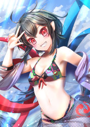 Rule 34 | 1girl, alternate costume, bikini, black bikini, blue sky, blue wings, blush, breasts, cleavage, cloud, commentary request, dutch angle, grin, houjuu nue, looking at viewer, medium breasts, multicolored bikini, multicolored clothes, nail polish, navel, ocean, pink nails, pointy ears, polka dot, red eyes, red wings, short hair, sky, smile, solo, swimsuit, touhou, upper body, w, water, wings, yakkyokuya