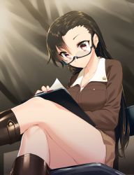 Rule 34 | 10s, 1girl, asymmetrical hair, bare legs, black-framed eyewear, blew andwhite, blush, boots, breasts, brown footwear, brown hair, brown jacket, brown skirt, buttons, chair, chi-hatan military uniform, cleavage, clipboard, collarbone, crossed legs, expressionless, eyebrows, folding chair, from below, girls und panzer, glasses, hair between eyes, highres, jacket, knee boots, large breasts, long hair, long sleeves, looking down, military, military uniform, nishi kinuyo, on lap, paper, pocket, red eyes, semi-rimless eyewear, sitting, skirt, solo, star (symbol), tent, thighs, tsurime, under-rim eyewear, uniform