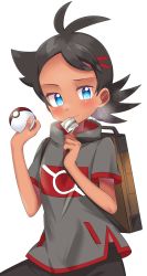 Rule 34 | 1boy, absurdres, backpack, bag, black hair, black pants, blue eyes, blush, brown bag, chibaqen, closed mouth, commentary, creatures (company), eyelashes, game freak, goh (pokemon), grey shirt, hands up, highres, holding, holding poke ball, male focus, mouth hold, nintendo, pants, poke ball, poke ball (basic), pokemon, pokemon (anime), pokemon journeys, shirt, short sleeves, solo, steam, white background