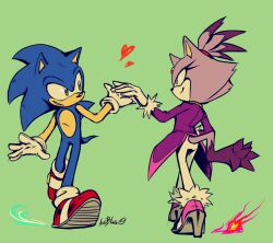 Rule 34 | 1boy, 1girl, animal ears, auroblaze, blaze the cat, blue fur, cat ears, cat girl, cat tail, fire, forehead jewel, fur-trimmed gloves, fur trim, furry, furry female, furry male, gloves, green background, green eyes, heart, high heels, ponytail, purple fur, smile, sonic (series), sonic rush, sonic the hedgehog, tail, white gloves, yellow eyes