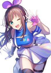 Rule 34 | 1girl, absurdres, aqua eyes, arm strap, asymmetrical gloves, asymmetrical legwear, bare shoulders, blue shirt, boots, bow, breasts, brown hair, cleavage, clothing cutout, cowboy shot, crop top, fingerless gloves, garter straps, gloves, hair bow, high heels, highres, kitazume kumie, kizuna ai, kizuna ai inc., leaning forward, leg lift, long hair, looking at viewer, medium breasts, midriff, mismatched gloves, multicolored hair, multicolored nails, nail polish, official alternate costume, one eye closed, open mouth, pink gloves, ponytail, shiny clothes, shirt, sidelocks, simple background, single thighhigh, skirt, smile, solo, strap slip, streaked hair, suspender skirt, suspenders, thigh strap, thighhighs, uneven gloves, uneven legwear, virtual youtuber, waving, white background, white footwear, white skirt