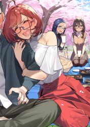 Rule 34 | 1boy, 3girls, 92m, absurdres, ahoge, bare shoulders, blue hair, blush, bottle, braid, brother and sister, brown hair, cherry blossoms, commentary, commentary request, cup, dateko (92m), drunk, food, glasses, highres, holding, holding cup, hug, kinshi no ane (92m), looking at another, multiple girls, open mouth, original, pink-framed eyewear, red hair, red skirt, semi-rimless eyewear, shirt, short hair, siblings, single braid, sitting, skirt, smile, tree, under-rim eyewear, wariza, white shirt