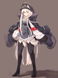 Rule 34 | 1girl, armband, black coat, black footwear, black hat, black skirt, bolt action, boots, breasts, brown background, closed mouth, coat, collarbone, cross, full body, fur-trimmed coat, fur trim, girls&#039; frontline, gun, hair between eyes, hat, high heel boots, high heels, highres, iron cross, jacket, jacket on shoulders, kar98k (girls&#039; frontline), long hair, looking at viewer, mauser 98, peaked cap, pkpkpppk, red eyes, rifle, skirt, sleeves past wrists, small breasts, smile, solo, standing, thigh boots, thighhighs, very long hair, weapon, white hair, wide sleeves