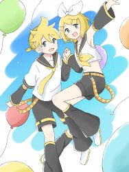 Rule 34 | 1boy, 1girl, :d, aqua eyes, arm up, armpits, azchipi, balloon, bare shoulders, bass clef, belt, black sailor collar, black shorts, black sleeves, blonde hair, blue eyes, bow, brother and sister, commentary request, crop top, detached sleeves, hair bow, hair ornament, hairclip, headphones, headset, highres, holding, holding hands, interlocked fingers, jumping, kagamine len, kagamine rin, leg warmers, looking at viewer, midriff, navel, neckerchief, necktie, open mouth, sailor collar, shirt, short hair, short ponytail, short shorts, short sleeves, shorts, siblings, sleeveless, sleeveless shirt, smile, spiked hair, swept bangs, treble clef, triangle print, twins, vocaloid, white bow, white footwear, white shirt, yellow belt, yellow neckerchief, yellow necktie