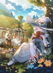 Rule 34 | 1boy, 2girls, absurdres, berry, blue sky, book, breasts, broom, brown hair, carrying, chair, cloud, copyright request, cover, cover page, crystal, day, dress, flower, grass, hat, highres, lamp, medium breasts, moss, multiple girls, novel cover, official art, outdoors, potion, purple eyes, red hair, sho (sumika), sitting, sky, sleeping, standing, sunlight, tree, white hair, white headwear, window, witch hat, wolf