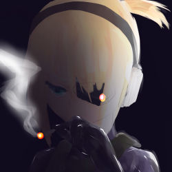 Rule 34 | 1girl, blue eyes, cigarette, cosplay, ear protection, eyepatch, highres, iris (material sniper), material sniper, metal gear (series), metal gear solid, metal gear solid 4: guns of the patriots, old snake, old snake (cosplay), orunyaka, parody, ponytail, smoke, smoking, sneaking suit